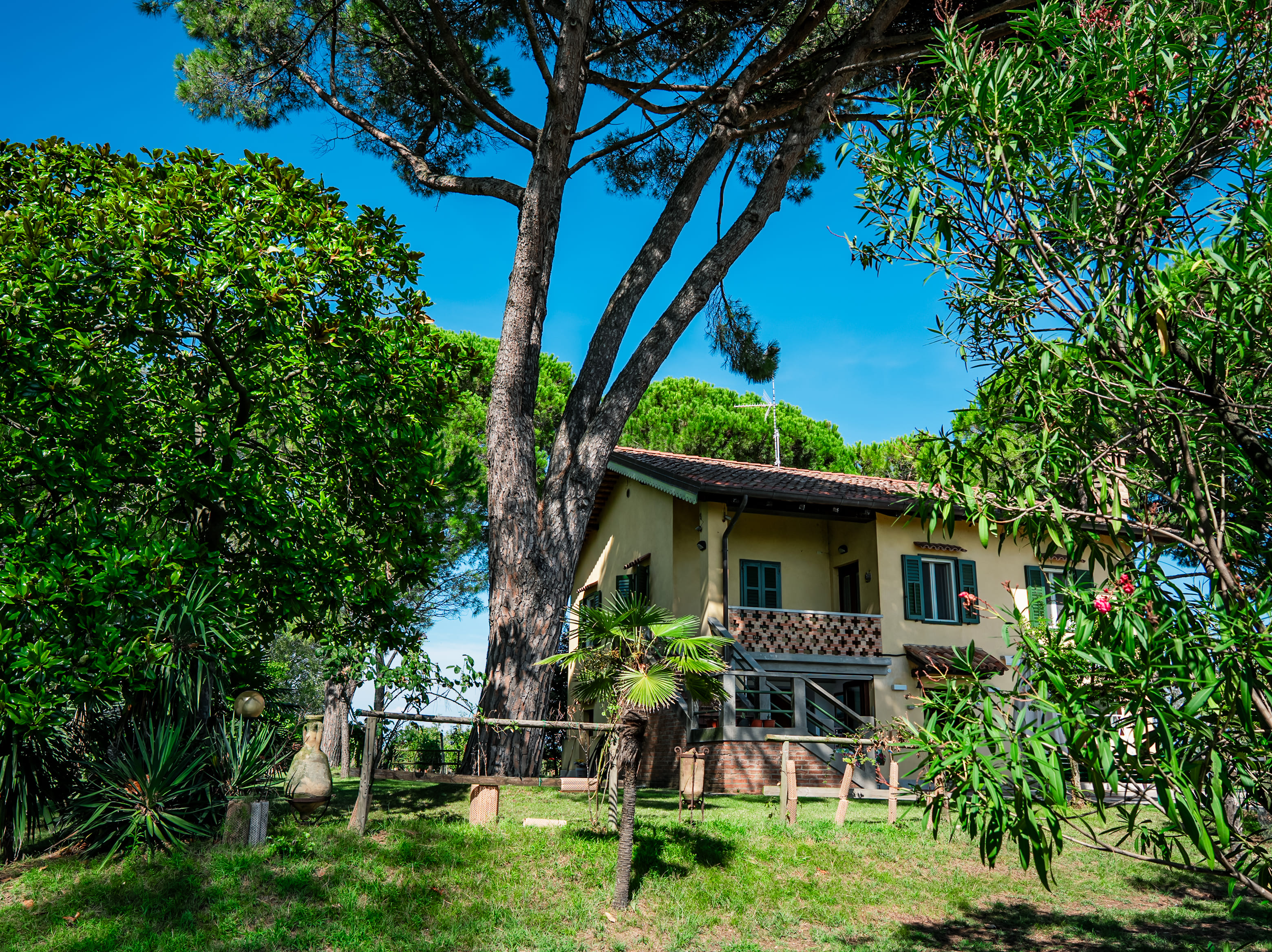 Veduta della casa padronale, circondata da piante